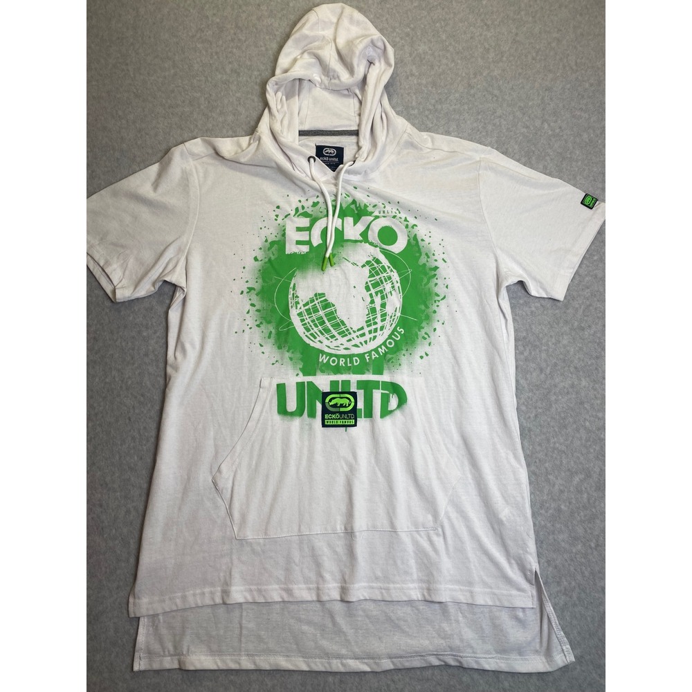 Ecko Unltd Mens White Green Graphic Short Sleeve Hoodie XL Streetwear Rhino Logo